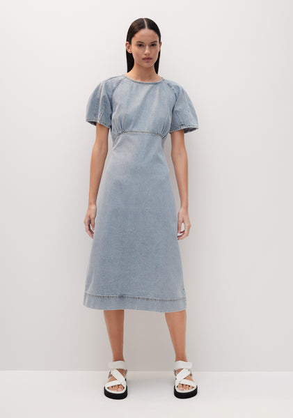 GRETCHEN Stretch-denim dress with puffed sleeves M Blue Denim Mock Neck |  M2 Boutiques