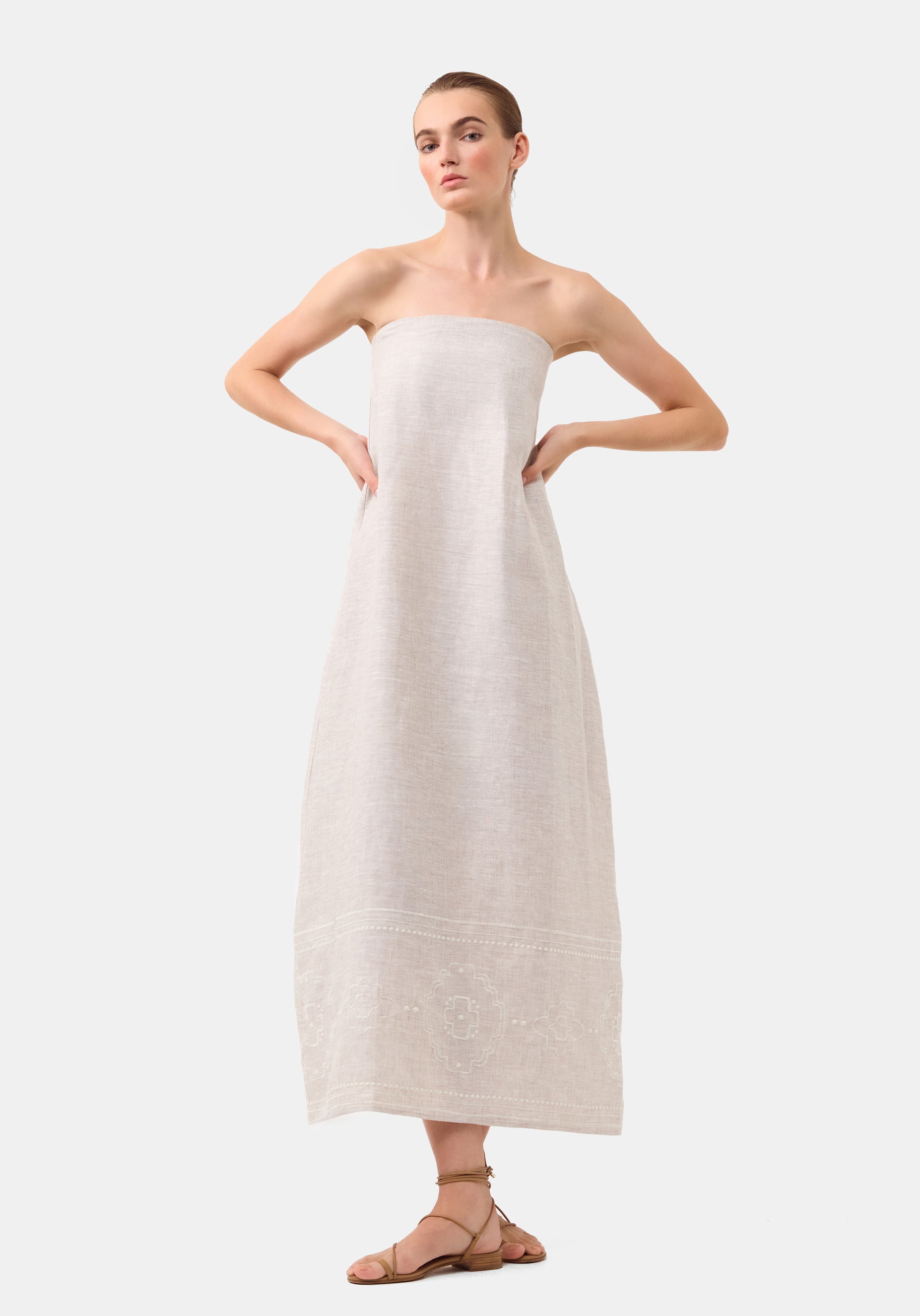 Kari Linen Strapless Dress_Pebble