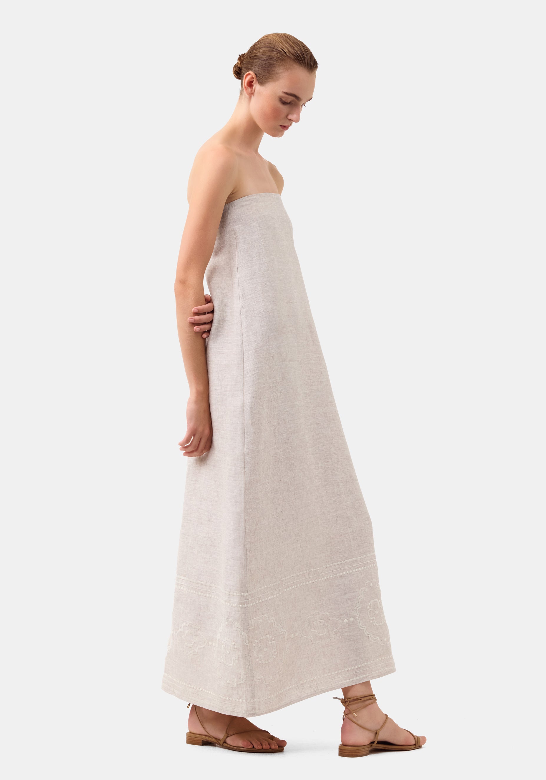 Kari Linen Strapless Dress_Pebble