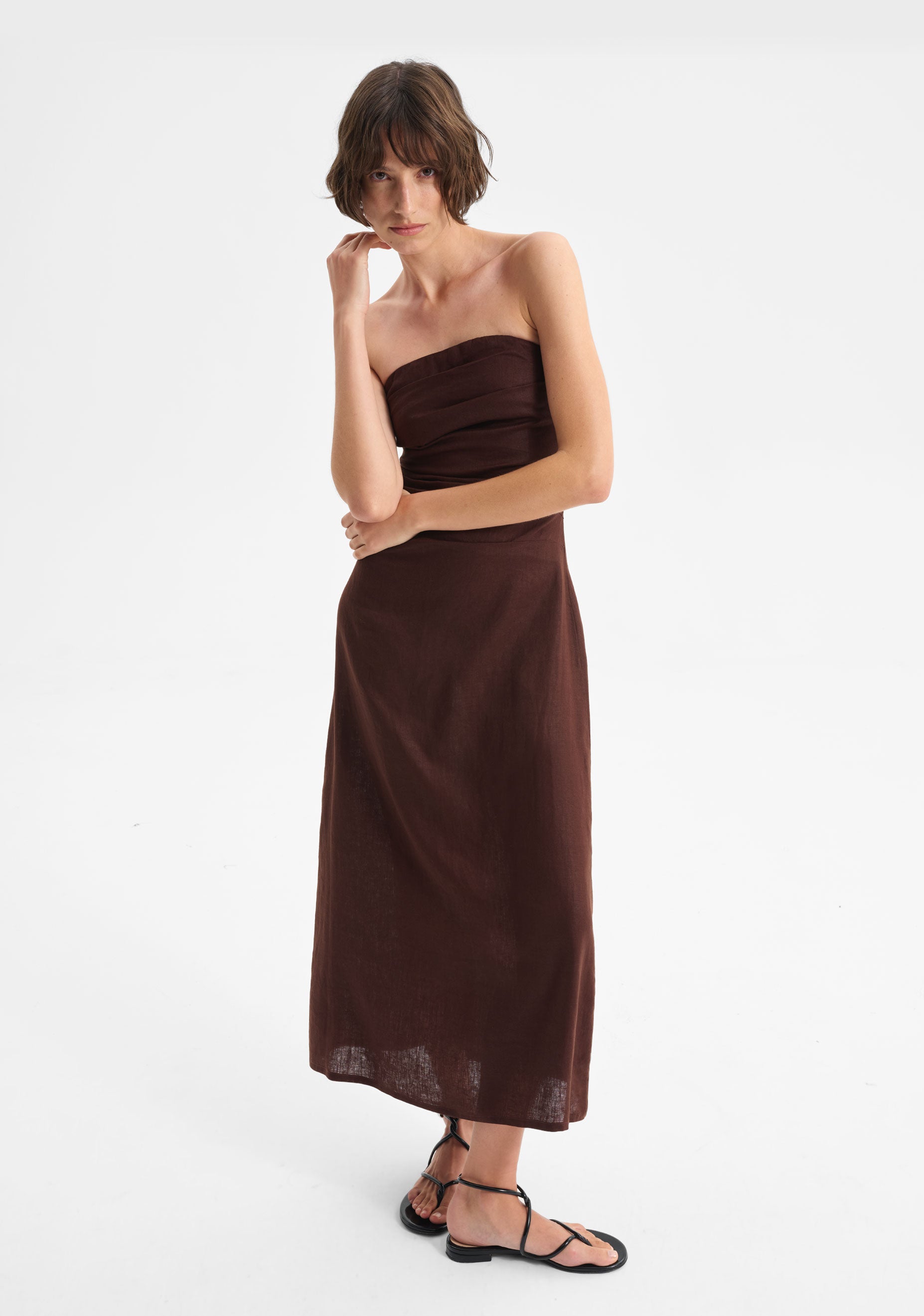 Rio Linen Strapless Dress_Chocolate