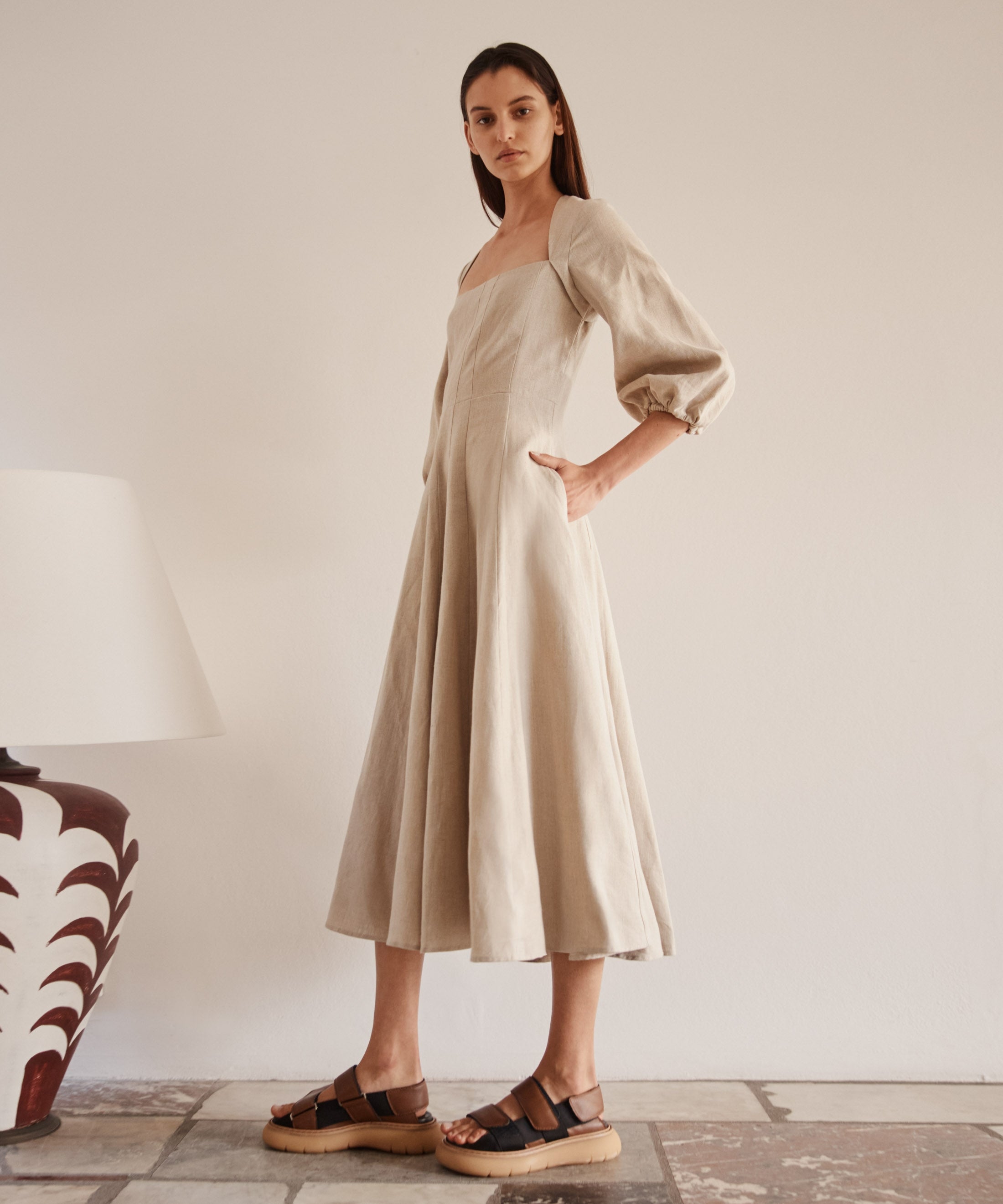 Sherri Linen Midi Dress Stone Morrison